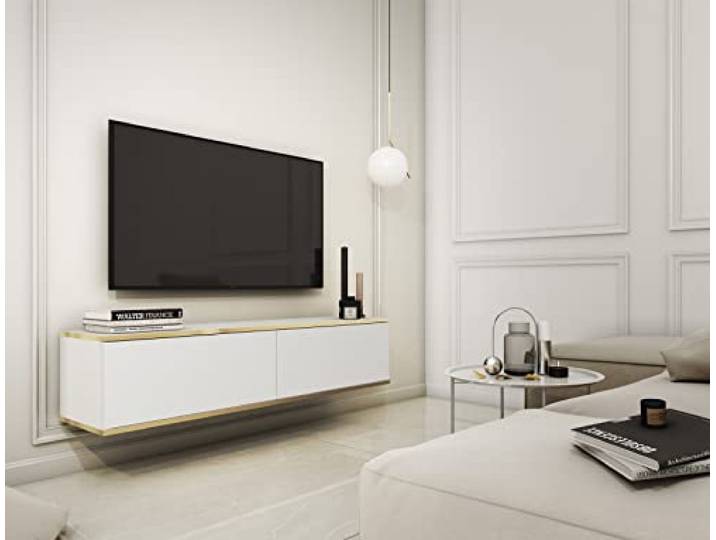 3xE Living TV-Lowboard hängend 135 cm, Push-to-Open, Weiß, 135 x 32 x 30 cm