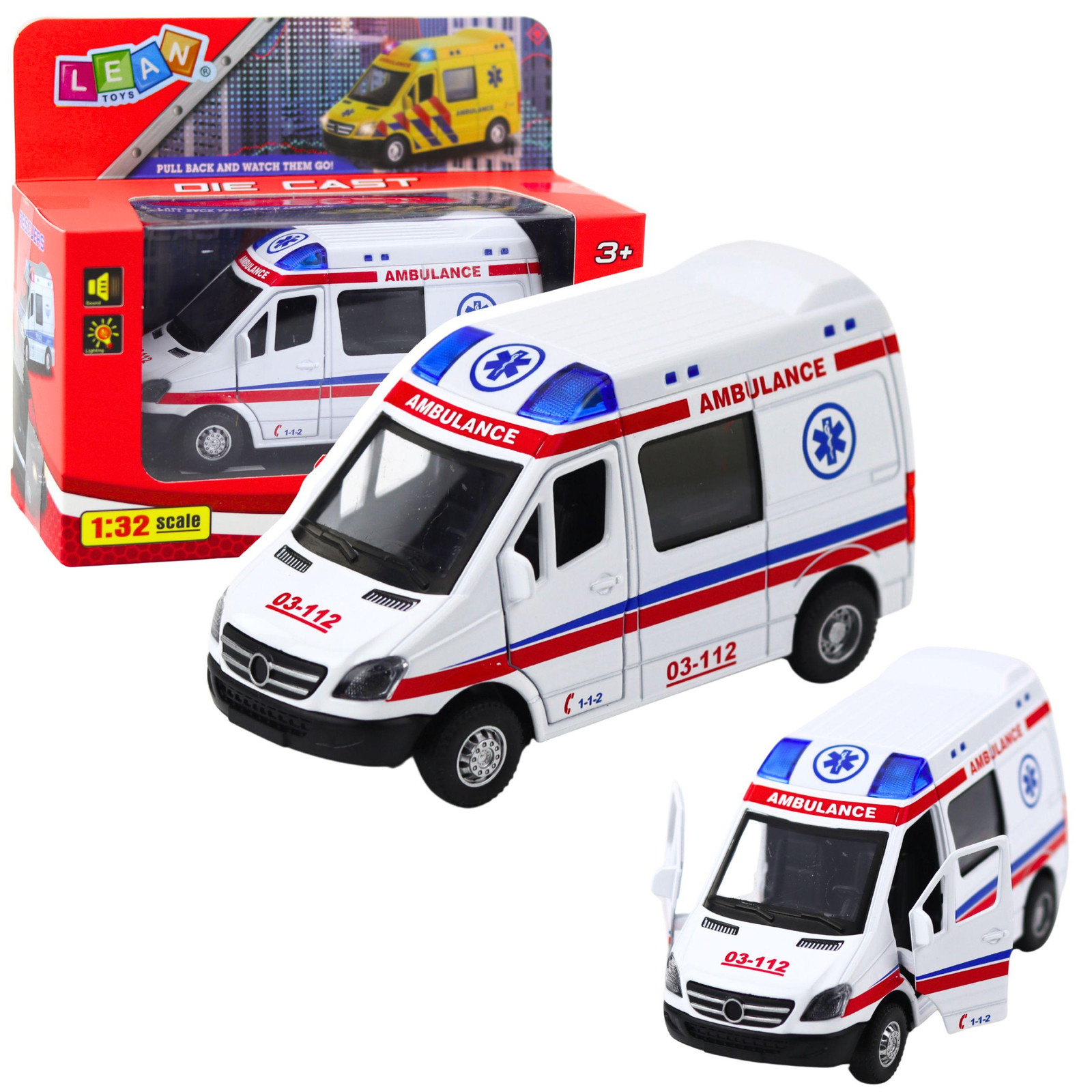 Lean Toys Ambulance Metal Pull Back met lichten en geluid wit 1:32