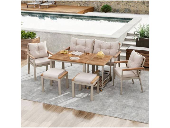 Ensemble table et chaises de jardin avec desserte amovible bois d'acacia fer galvanisé beige - UVRION