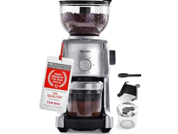 Kaffeemühle Elektrisch mit Kegelmahlwerk 16 Stufen für Siebträger 400g Timer und Direktmahlung in den Siebträger; 400-g-Bohnenbehälter für Espresso, Filterkaffee und weitere Methoden.
