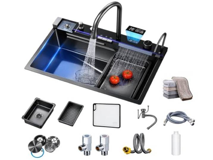 Schwarze Küchenspüle Edelstahl mit Wasserfall, Multifunktional mit LED Durchdachte Küchenstation für komfortables Spülen, Waschen und Vorbereiten mit vielseitiger Ausstattung