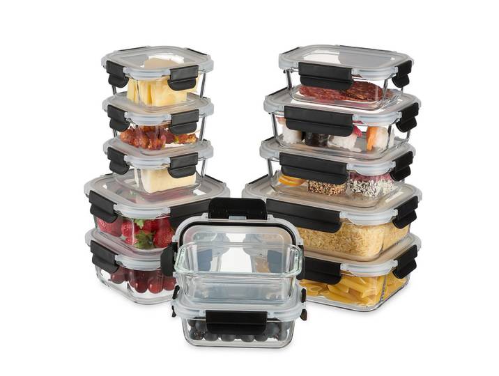 Relaxdays Vorratsdosen Transparent Schwarz 12er-Set Borosilikatglas, Glas, Kunststoff, Küchenzubehör, Vorratsbehälter, Vorratsdosen