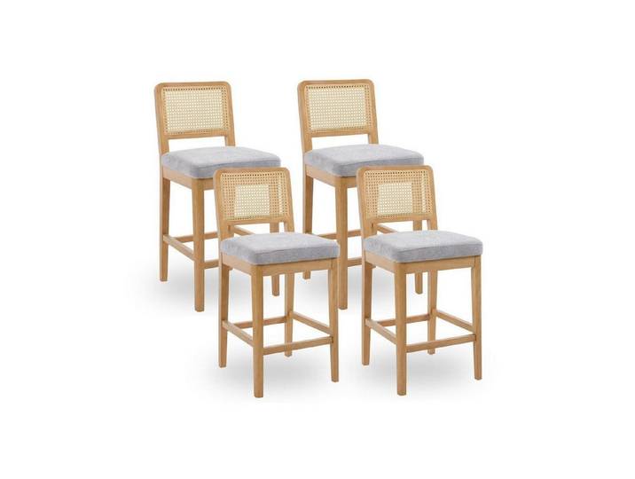 LuxusKollektion Barhocker Barhocker Set Rattan Rückenlehne Holzbeine Leinen Küche 4 Grau