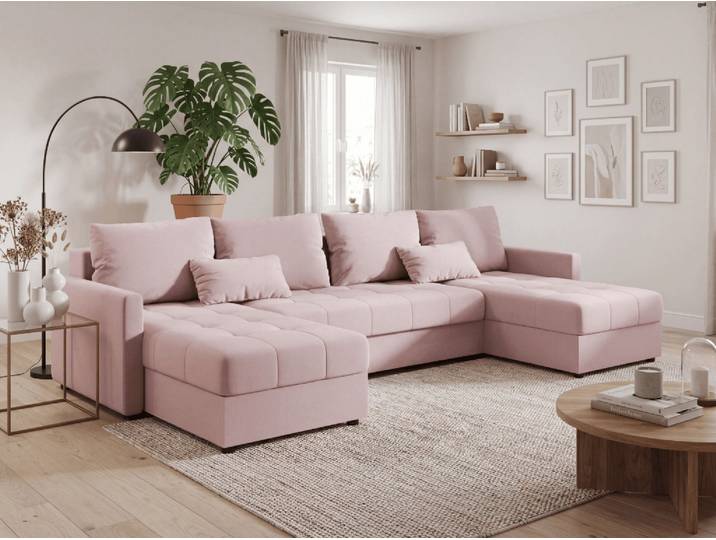 ANGEBOT Ausziehbare U-förmige Sitzgarnitur VENORIA 285x146 cm, puderrosa + 2 Kissen GRATIS II. Wahl