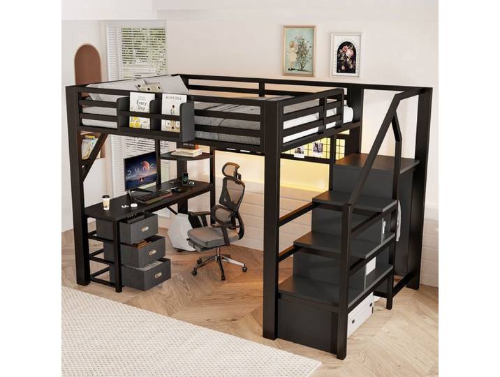 Lit mezzanine adulte 140x200 cm - Lit mezzanine métal 1 place avec bureau et rangements et LED - Noir