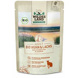 12x85 g Wildes Land BIO Adult Nassfutter für Katzen - Huhn & Lachs mit Cranberry