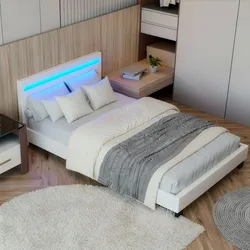 Juskys Polsterbett Paris 120 x 200 cm – Bett mit LED-Beleuchtung, Lattenrost & Kopfteil - Weiß