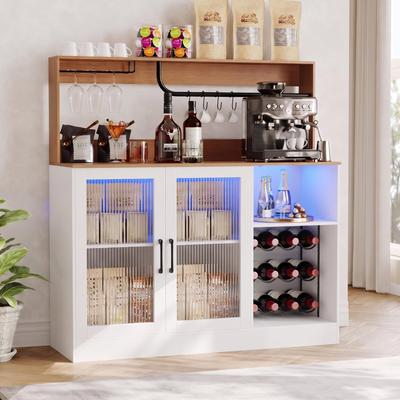 Garvee Tall Freestanding Wine Bar Cabinet Sideboard - Glass Door, Stemware Holder & Wine Rack - Adjustable Shelf Buffet Storage