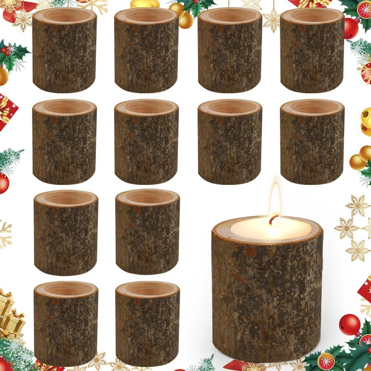 Set van 12 houten theelichtkaarsenhouders voor rustieke tafeldecoratie