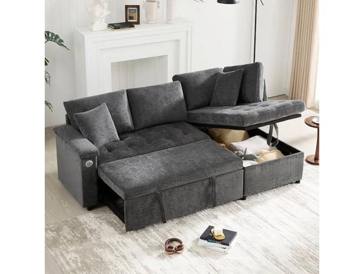 Merax Sofa Ecksofa mit Schlaffunktion, Praktisches Schlafsofa mit Bettkasten, Schlafcouch mit Stauraum, USB-Ladeanschluss und Armlehnenablage, für Wohnzimmer/Schlafzimmer, Dunkelgrau