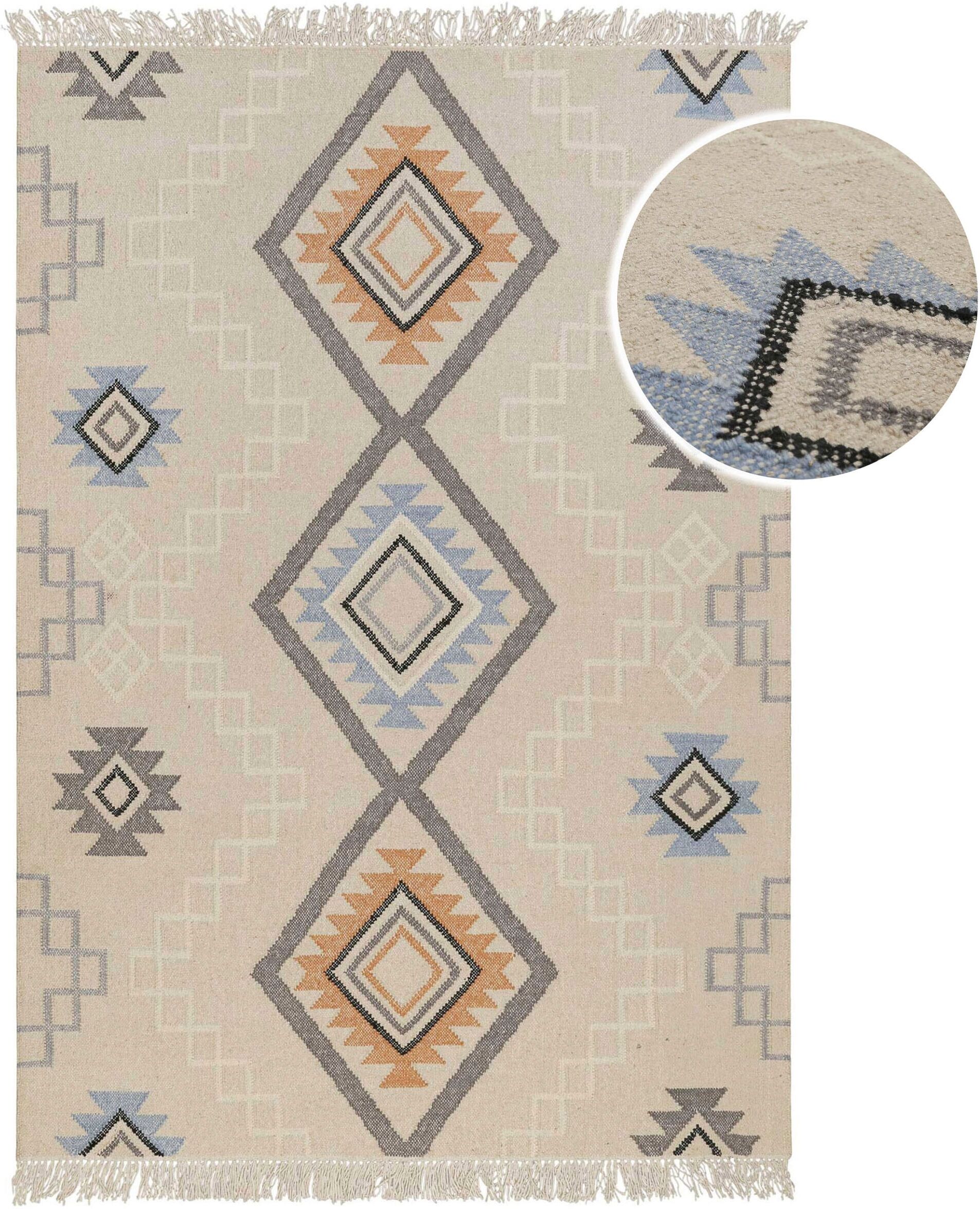 Wollteppich GREEN LOOOP "Jong", beige (creme beige), B:80cm H:5mm L:150cm, Wolle, Teppiche, Wollteppich, Fransen, Kelim, handgewebt, Natur, Wohnzimmer, Schlafzimmer, Raute creme beige B : 80cm 1 Stk., 5mm, L: 150cm