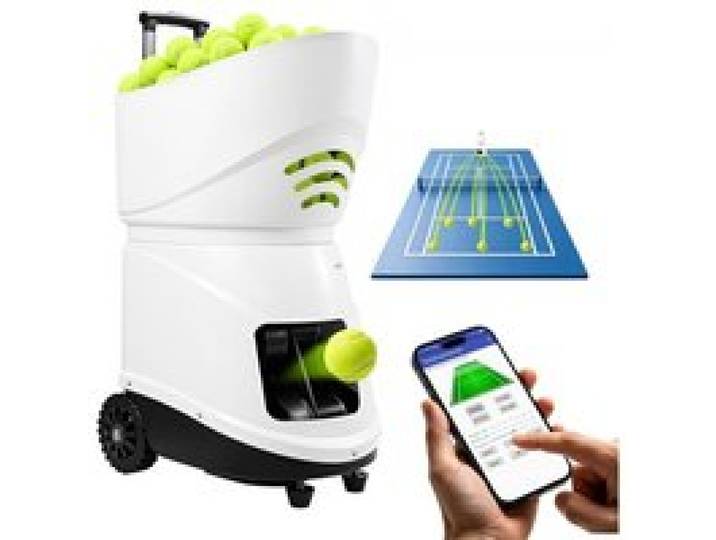 VEVOR Tennisballmaschine Max. 129 km/h Tischballwerfer 150 Ballkapazität mit Spin-Steuerung, App-Steuerung, 3 Trainingsmodi, 4 Stunden Akkulaufzeit, Ausziehbarem Griff, Rollen und Kunststoffgehäuse