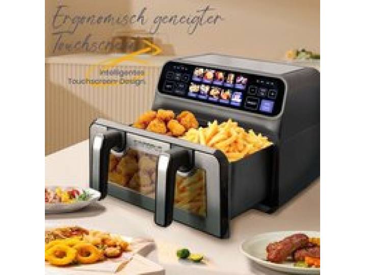 Friteuse à air chaud double chambre 9L 2200W fenêtre visuelle écran LED couleur paniers ajustables noir 35x26x32cm