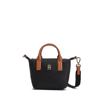 Handtasche TOMMY HILFIGER "POPETTE MICRO TOTE", Damen, Gr. B/H/T: 20,5cm x 16cm x 8cm, schwarz, Leder, Nylon, Taschen Handtasche, Damen Umhängetasche, Schultertasche im Kontrastlook