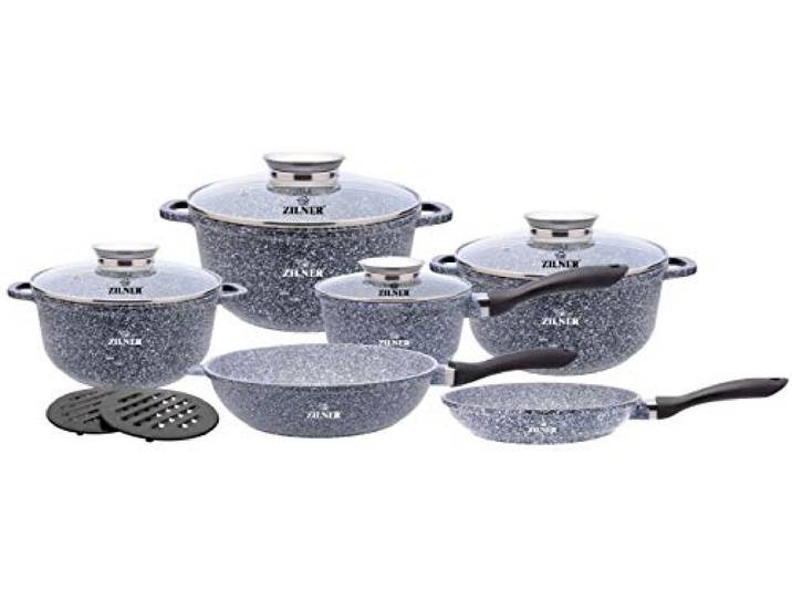 Zilner 12-tlg. Topfset, Topf, Bratpfanne, Kochgeschirr, Untertasse, Keramik-Topfset mit Deckel, für Gas, Elektro, Halogen, Glaskeramik und Induktion ZL7082