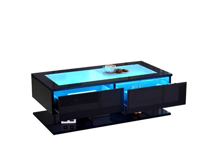 LPOSPI Table basse rectangulaire moderne avec led intégrée et rangement plateau verre haute brillance noir 100x50x35 cm