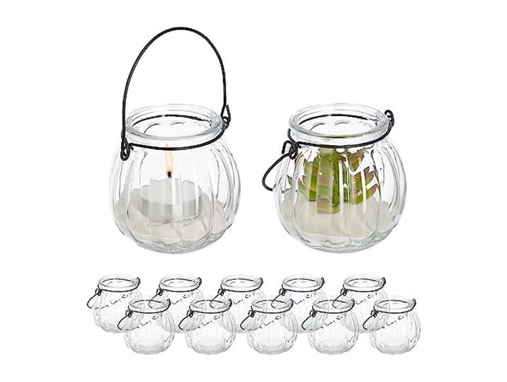 Relaxdays Photophore en Verre\, Lot de 12\, Porte-Bougie avec Anse\, HxD : 7\,5 x 8 cm\, récipient Rond\, Transparent