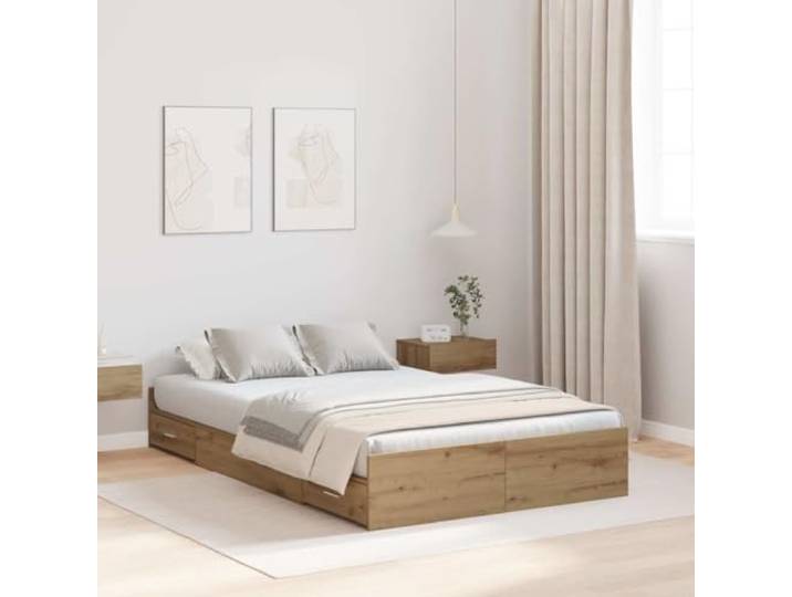 RJPLMFV Bettgestell mit Aufbewahrung, Eiche, 120 x 190 cm Massives Kiefernholz, langlebig, integrierte Schubladen, praktisches Kopfteil, moderner Stil, einfache Reinigung