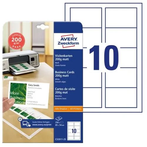 AVERY Zweckform 250 Visitenkarten C32011-25 matt weiß 200 g/qm