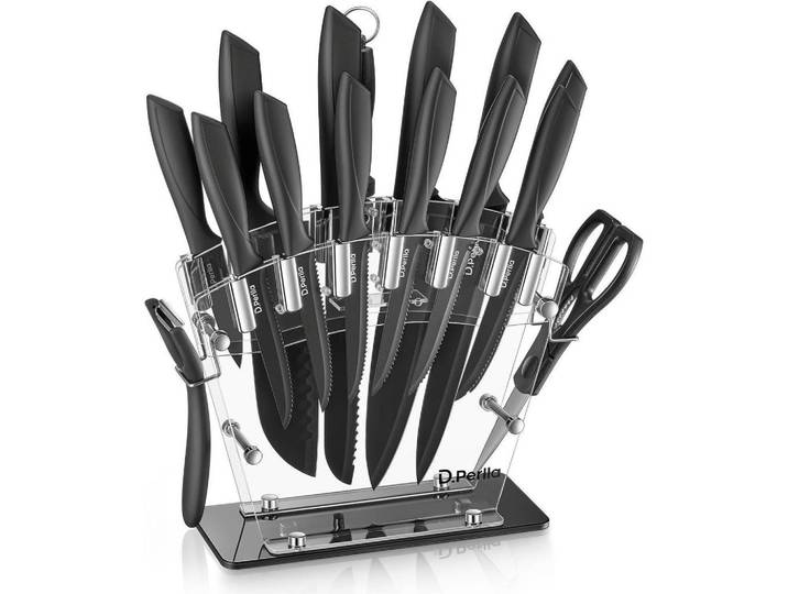 Messerblock 16-teiliges Set Schwarz mit Acrylhalter, Transparent, Metall, Kochgeschirr, Küchenmesser, Messersets