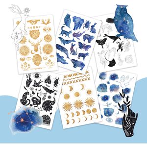 Papierdrachen Temporäre-Tattoos B005-002-009, farbig, Sonne, Mond & Sterne, 6 Blatt, 100 Tattoos