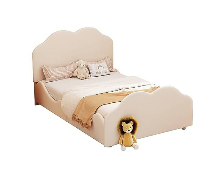 Manijind Polsterbett Kinderbett 90 x 200 cm hohes Geländer-Kinderbettgestell mit wolkenförmigem Kopf- und Fußteil. Einzelbett in hautfreundlichem Samt Beige