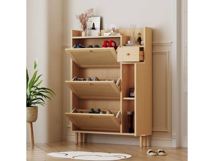 Nouveau meuble à chaussures en bois en rotin épaissi et design moderne – pour entrées étroites – 3 portes et 1 tiro