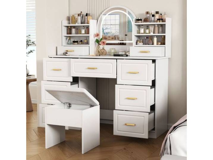 Coiffeuse avec Miroir et Tabouret Coiffeuses avec Éclairage LED Table de Maquillage Coiffeuse avec 9 Tiroirs COIFFEUSE