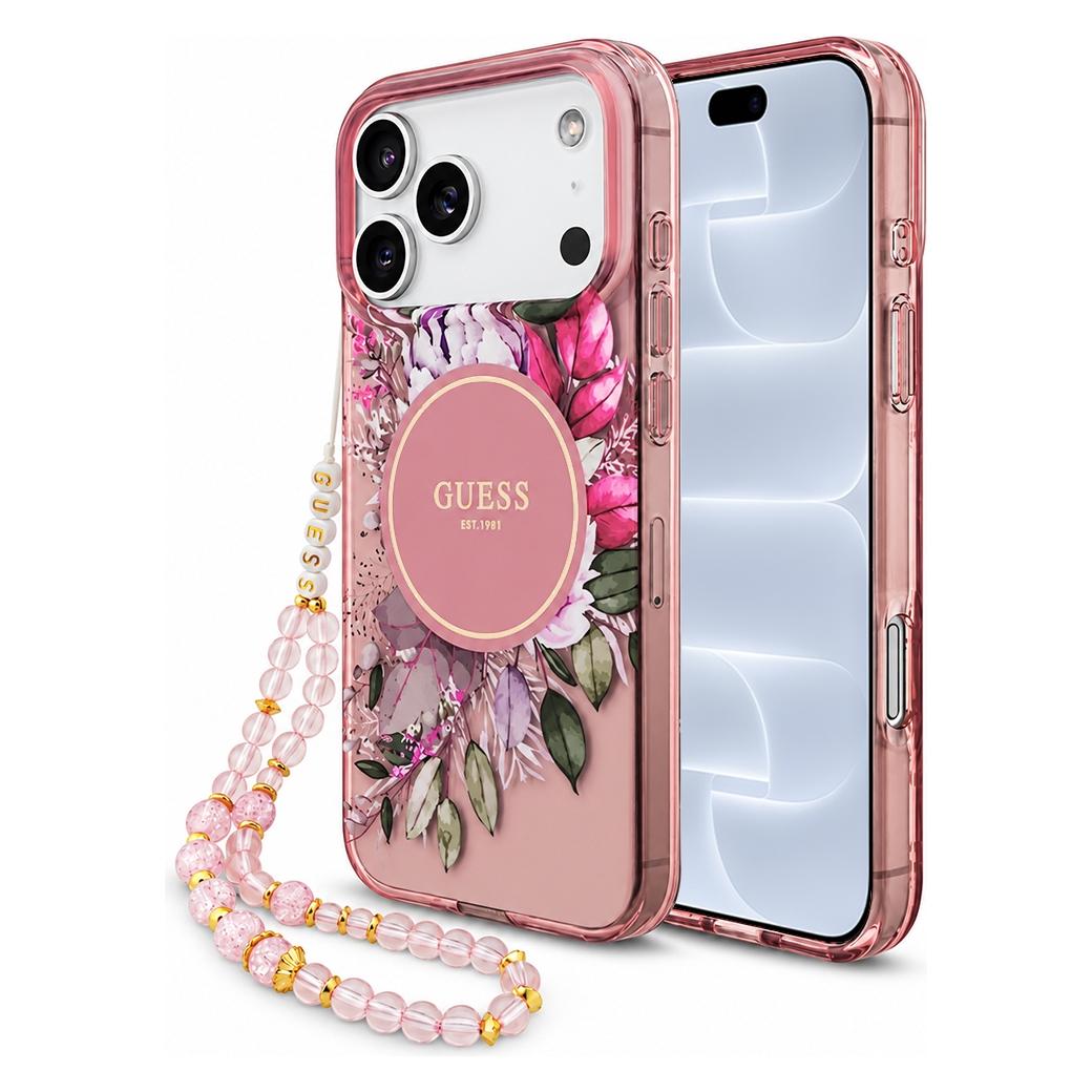 Guess - IML-Blumen mit Perlenarmband und MagSafe (GUHMP18LHFWBRCESP) - iPhone 18 Pro - Pink (Apple iPhone 17 Pro, Apple iPhone 18 Pro) (GUE005854)