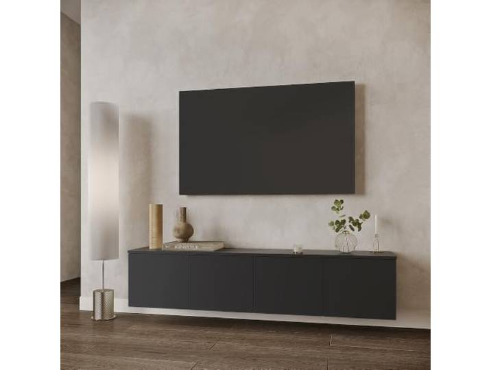 KOMTO TV Lowboard Hängend 160 cm Breit, Sideboard Wohnzimmer Hängend TV Unterschrank, Fernsehschrank, 159,8 × 30 × 35 cm, Schwarz, 4 Klappen