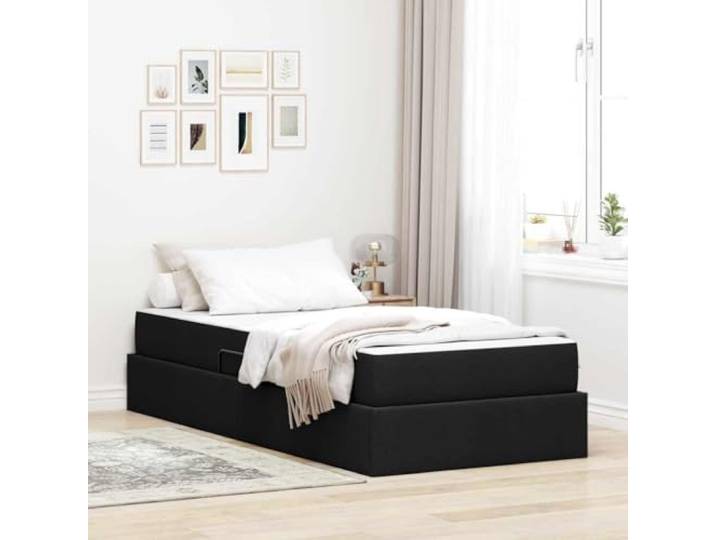 Metallrahmen Staubett mit Polyesterbezug Schlafzimmer Aufbewahrungsbett Staubett mit Matratze 90x190 cm Schwarz Polsterbett mit Hydraulik Lattenrost Metallrahmen Stauraumbett fuer kleines