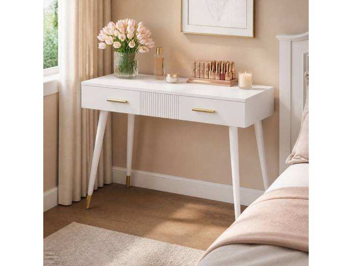 Coiffeuse bureau blanc 100x40x76 cm sans miroir avec 2 tiroirs pieds métalliques dorés design moderne FOLYNA