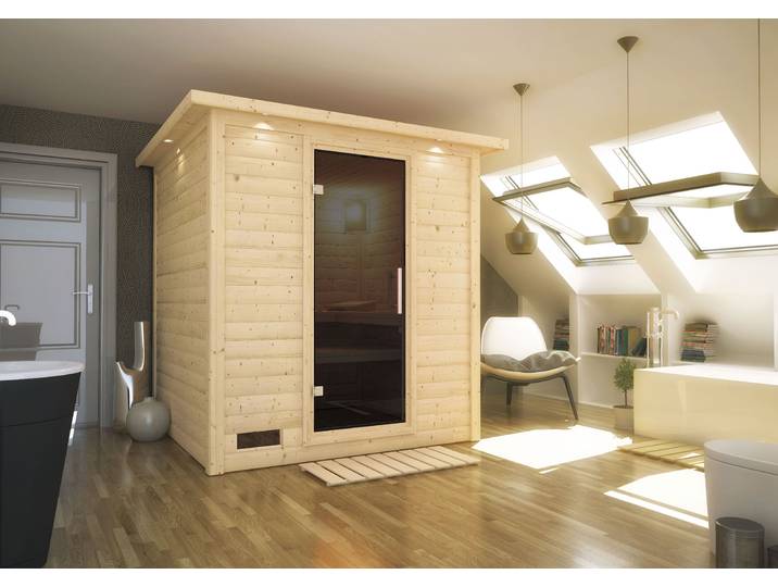 Sauna KARIBU Menja , beige (naturbelassen), ohne Ofen, (ohne Ofen), Saunen, Sauna, ohne Ofen