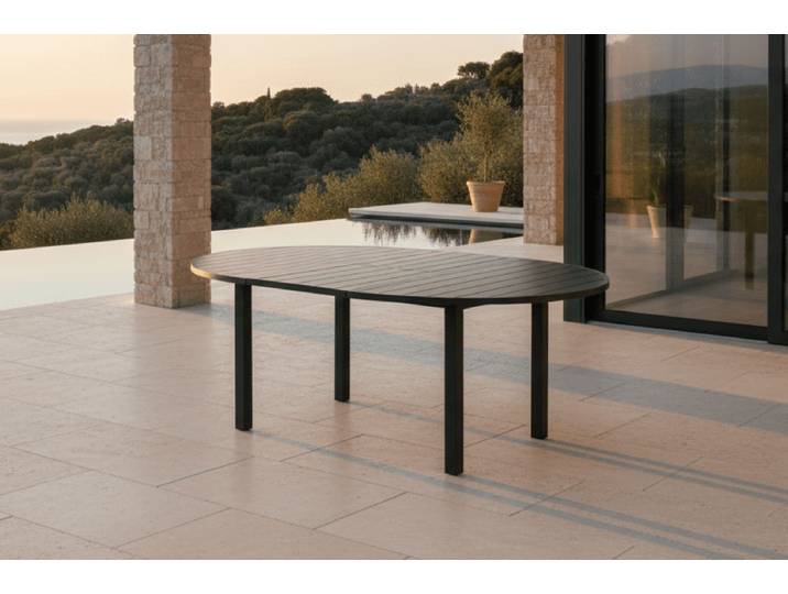 Gartentisch Savina - runder, schwarzer Tisch mit Ausziehfunktion - Schwarz - Luxusbetten24