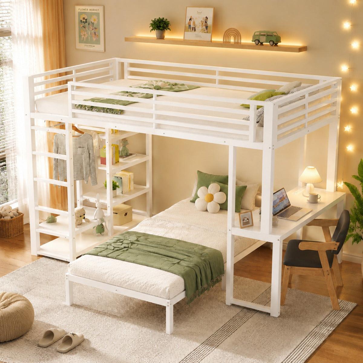 Hochbett 90x200 cm mit Schreibtisch & USB, Eisenrahmen, Regale, offener Kleiderschrank, EN747-, Ohne Matratze, Weiß