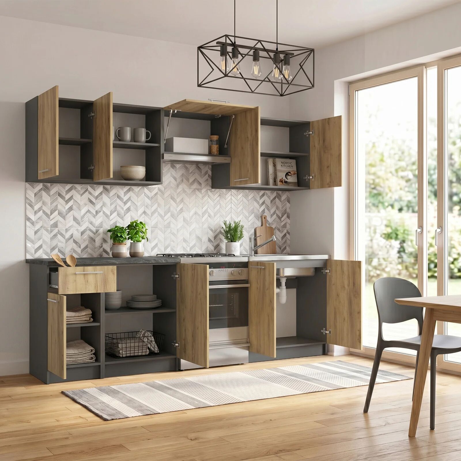 garneroarredamenti Cucina 240cm moderna componibile lineare quercia antracite Urban