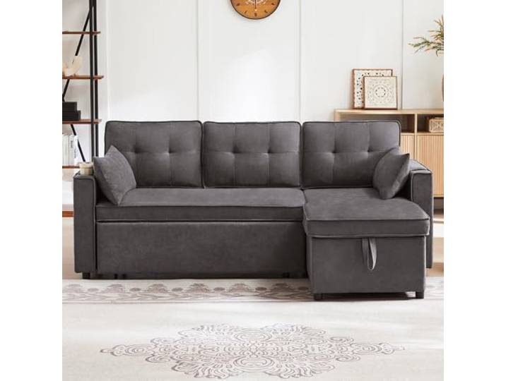 Laxnb Sofa mit Schlaffunktion, Sofa Couch 3 Sitzer, Schlafsofa Ecksofa L-Form Loungesessel mit Stauraum, Schlafcouch mit Getränkehalter, Sofa Bed Polstermöbel, Baumwoll- und Leinenstoffe Grau