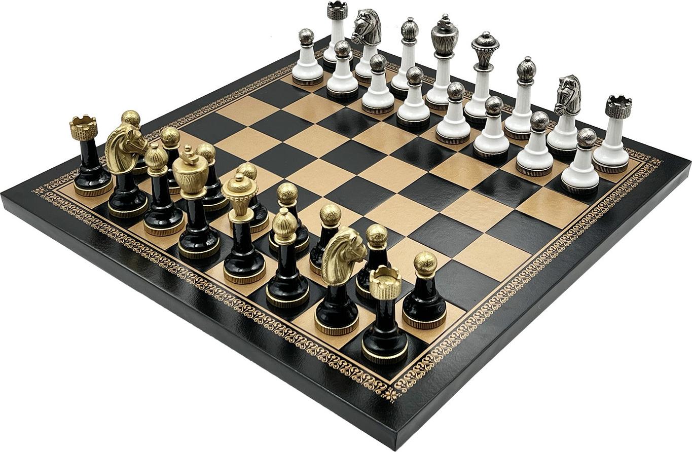 Italienische Schachfiguren Klassisch Metall/Buche + Schachbrett Gold/Schwarz 33
