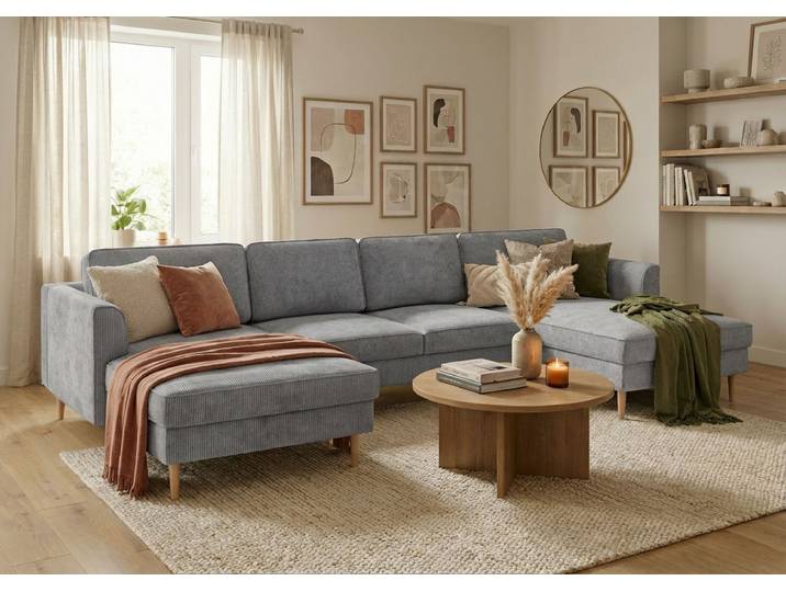 Wohnlandschaft, Cordstoff HYPER, Betongrau, 232×161 cm, Schlaffunktion & Bettkasten, Klassisch, Home-affaire