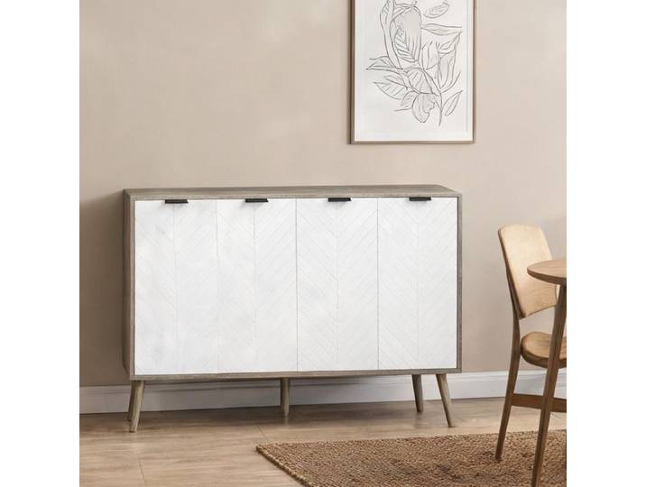 Buffet bas 2 portes motif chevrons blanc et gris 120x35x77 4 cm avec étagères réglables