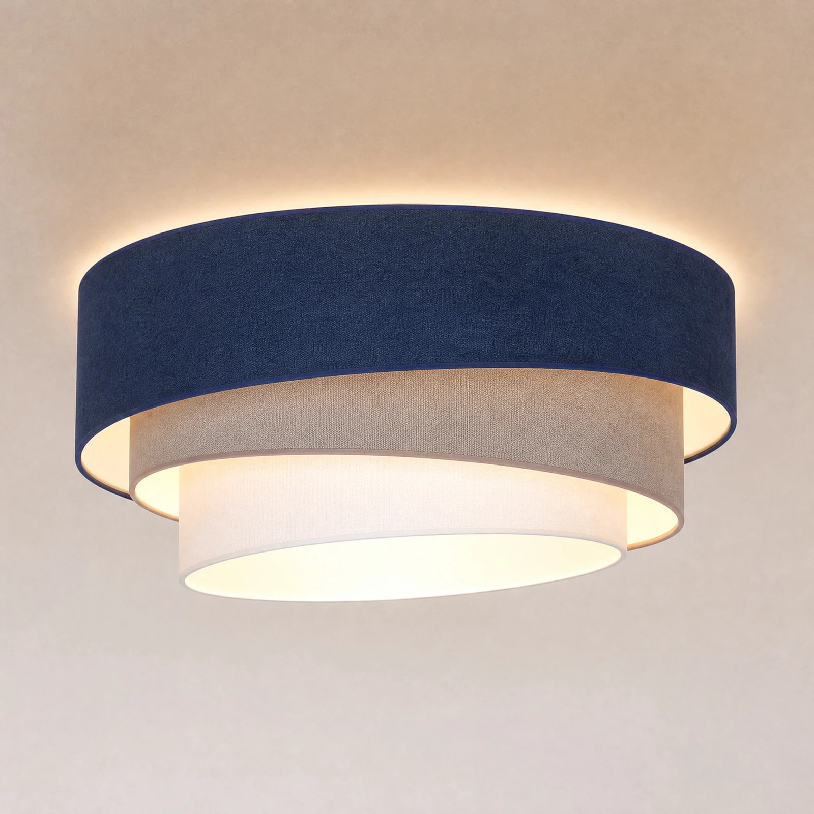 Duolla Trio plafondlamp donkerblauw/beige, ronde textiel lamp met E27 fitting, Ø60cm