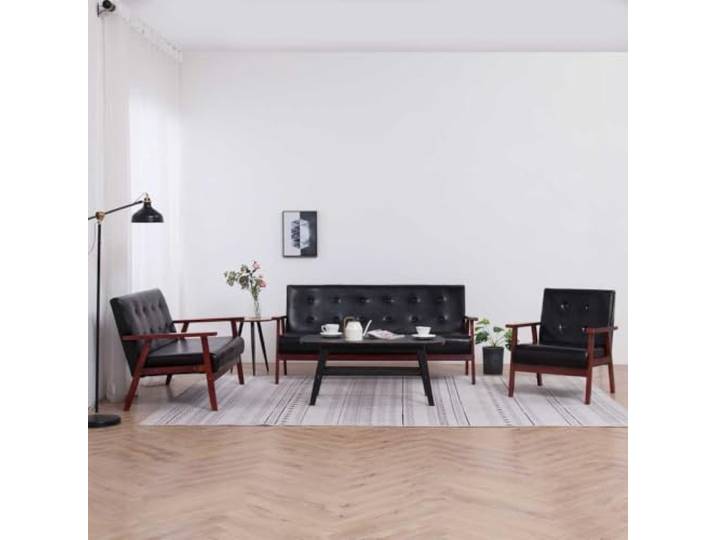 HEFZGDB Skandinavisches Design 3-TLG. Sofagarnitur Schwarz Kunstleder Sessel 2-Sitzer 3-Sitzer Massivholz Langlebig Bequem Entspannen Wohnzimmer Möbel