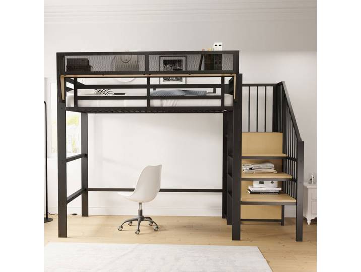 Lit mezzanine 90x200 avec échelle de sécurité et étagère réglable Maisentiel