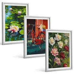 BILDER SET 3er Set - 40x60 cm Silberner Rahmen - Lilien im Garten, bunte Blumen