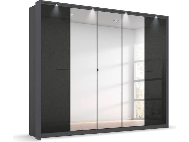 Drehtürenschrank, 230x231x58 cm, Holzwerkstoff, Grau, Mit Spiegel & Beleuchtung, Klassisch, Rauch