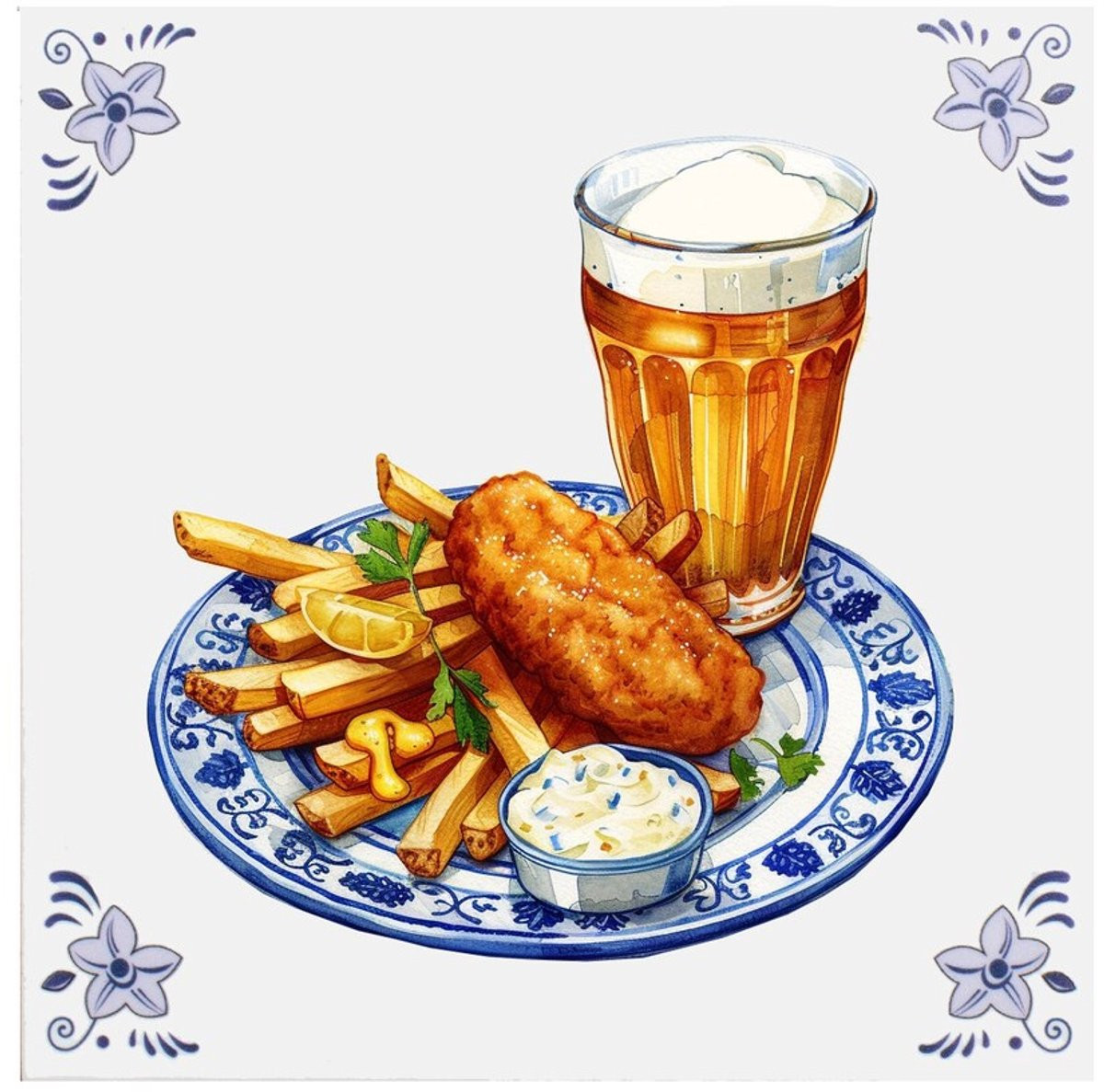 Delfts blauw wandbord met patat, schnitzel en bier - Decoratieve wanddecoratie