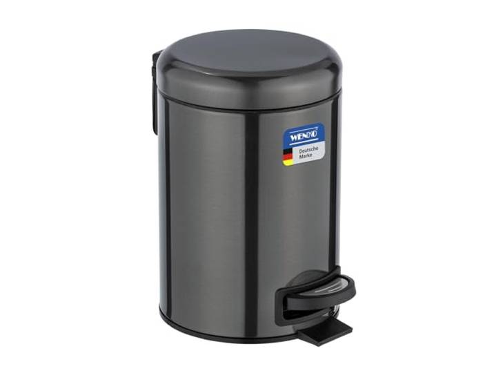 WENKO Kosmetikeimer 3 Liter, rostfreier Edelstahl, Anti-Fingerprint, herausnehmbarer Inneneimer mit Müllbeutelhalter, Mülleimer fürs Bad mit Tretfunktion, Schwarz-Metallic, Mod. Leman