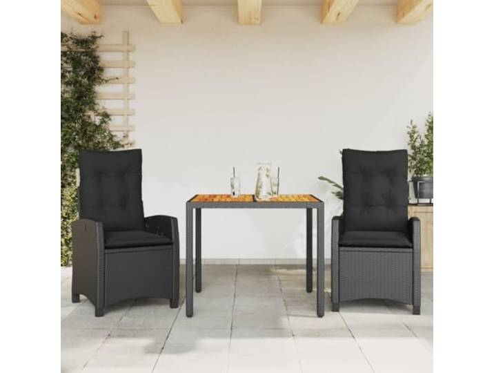 HEFZGDB 3-TLG. Garten-Essgruppe mit Kissen Schwarz Poly Rattan, Outdoor Esstischgruppe mit Verstellbarer Rückenlehne und Akazienholz Tischplatte, pflegeleichtes PE-Rattan