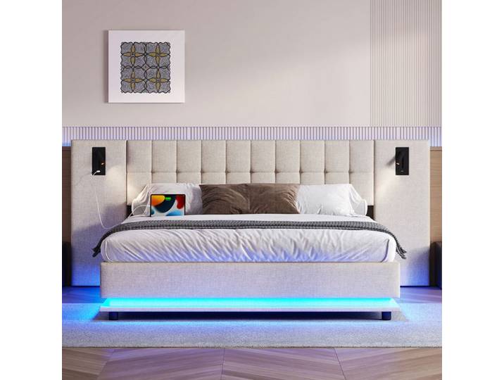Lit adulte - YEHTOKHOME - 180x200 cm - Éclairage LED & port USB - Tête de lit large damier