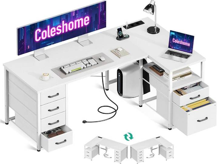 L-förmiger Schreibtisch mit USB-Ladeanschluss und Schubladen, Weiß 140x70cm